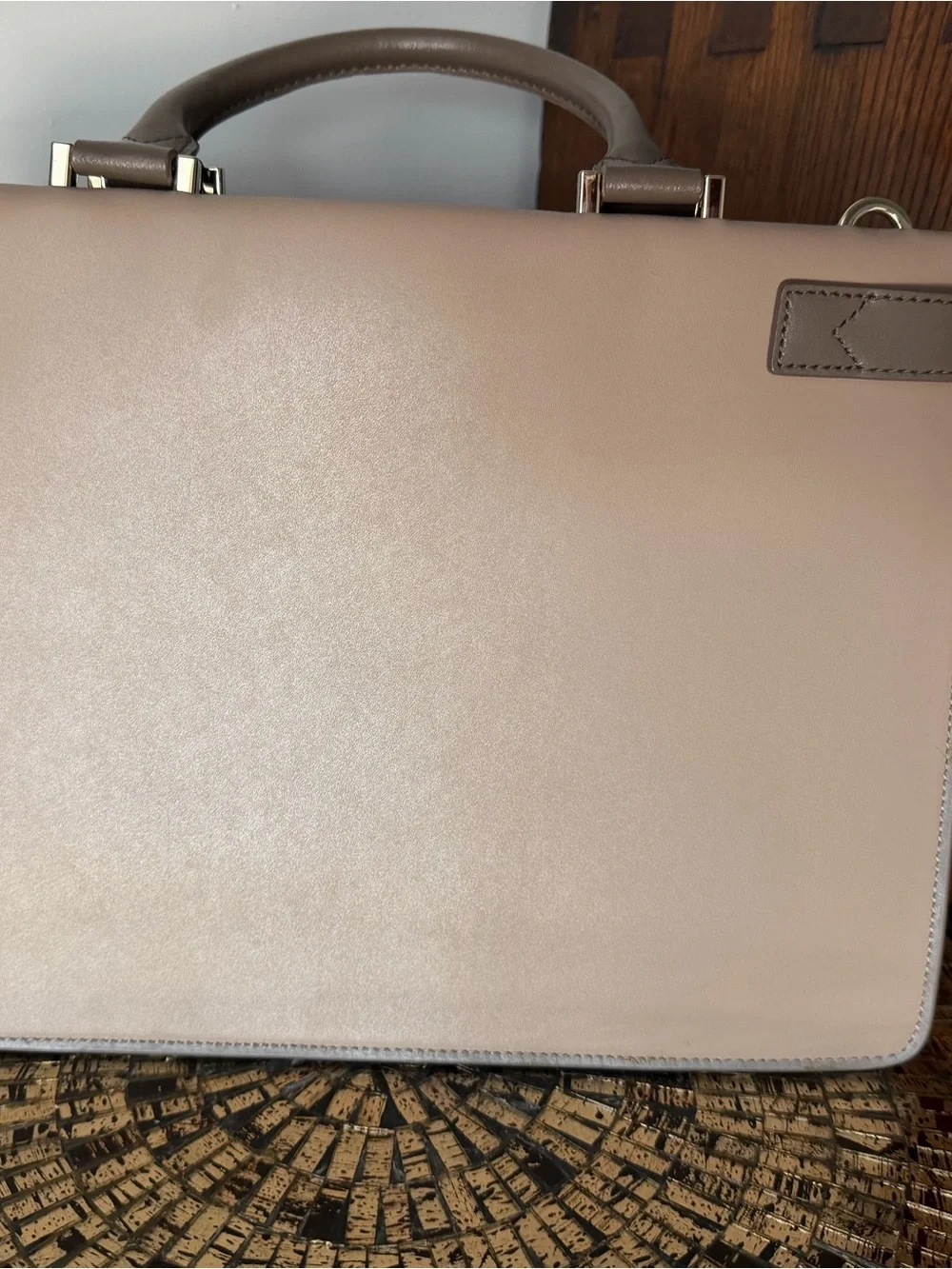 Michael Kors Tatiana Two-Tone Blush and Taupe Satchel with Gold Hardware.